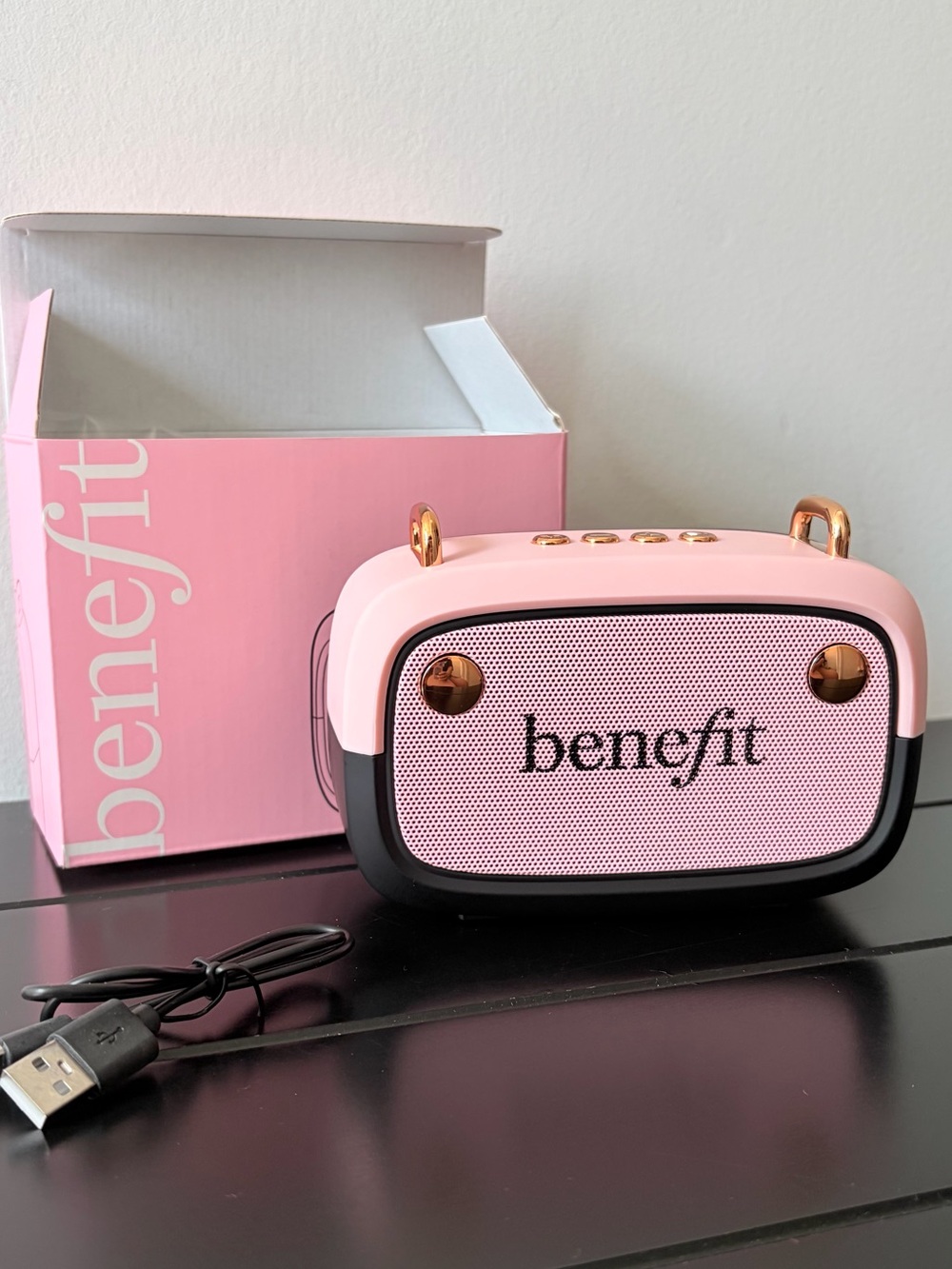 ⚡️NWT Benefit Pink and Black Portable Bluetooth Speaker with Rose Gold Accents